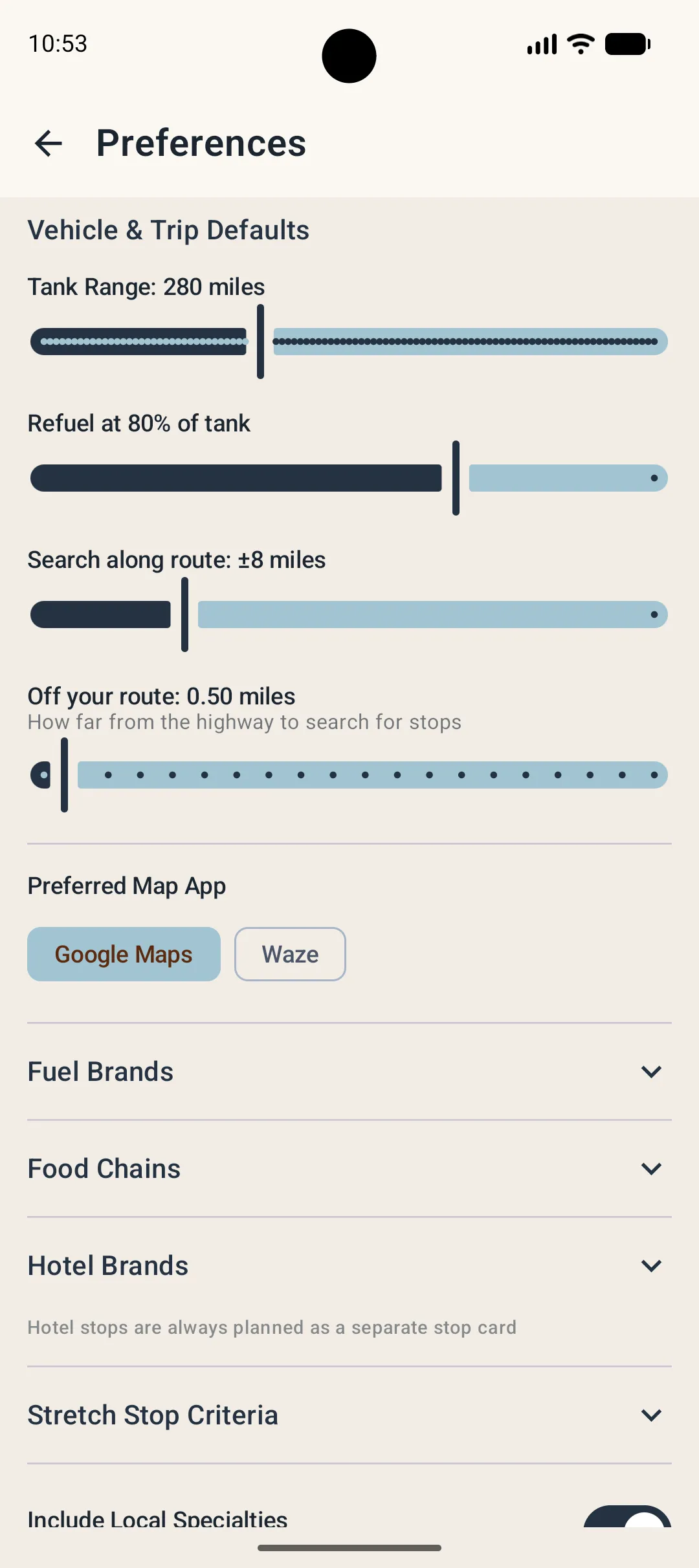 Vehicle and trip preferences screen