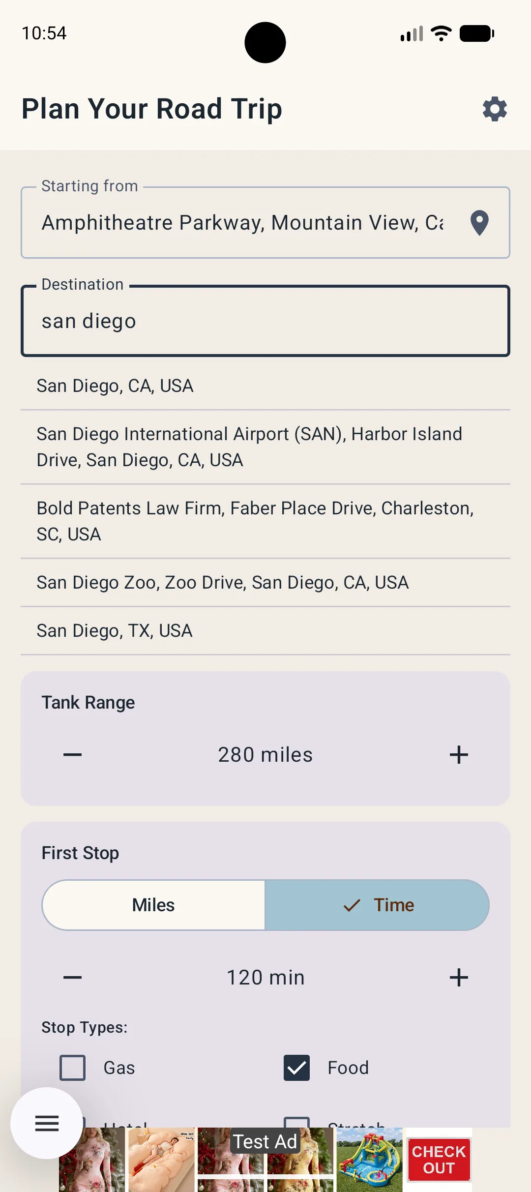 Trip setup screen