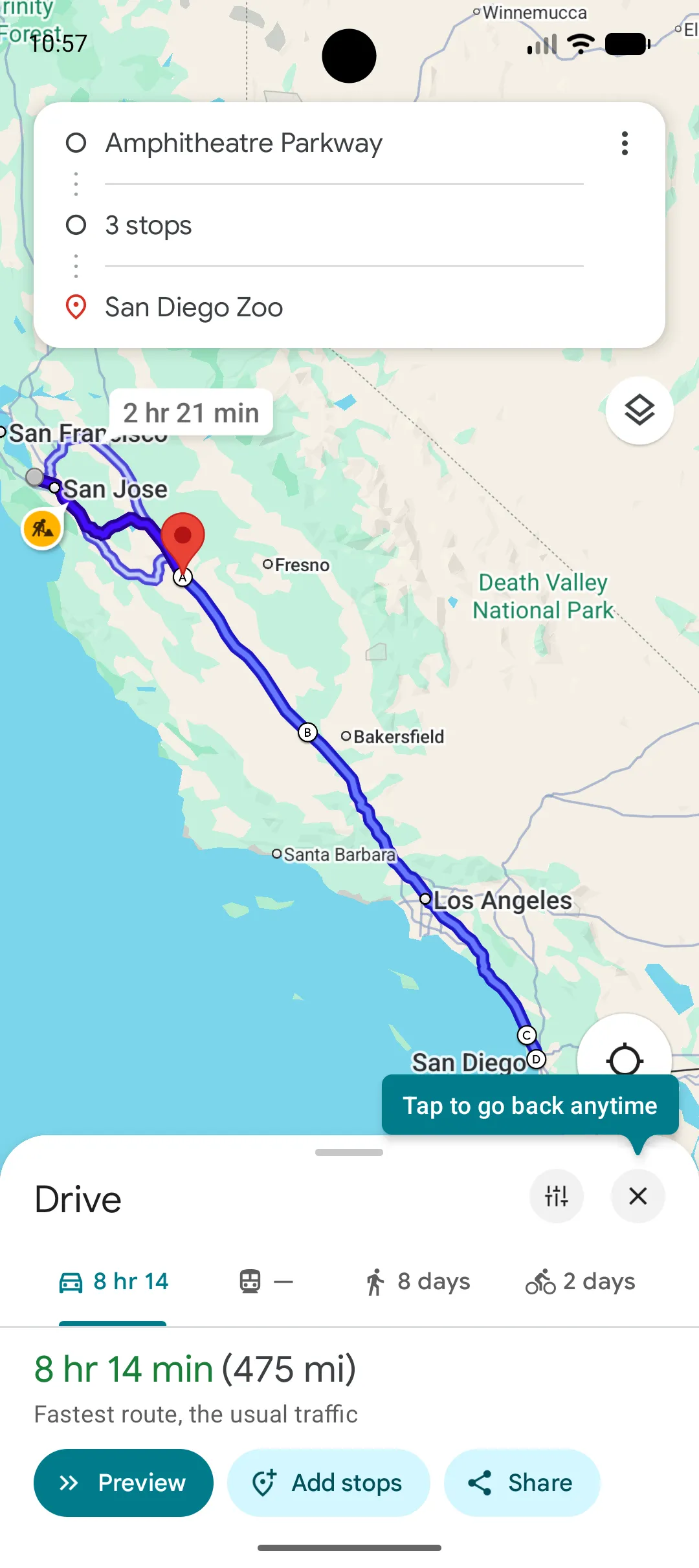 Navigation route with planned stops