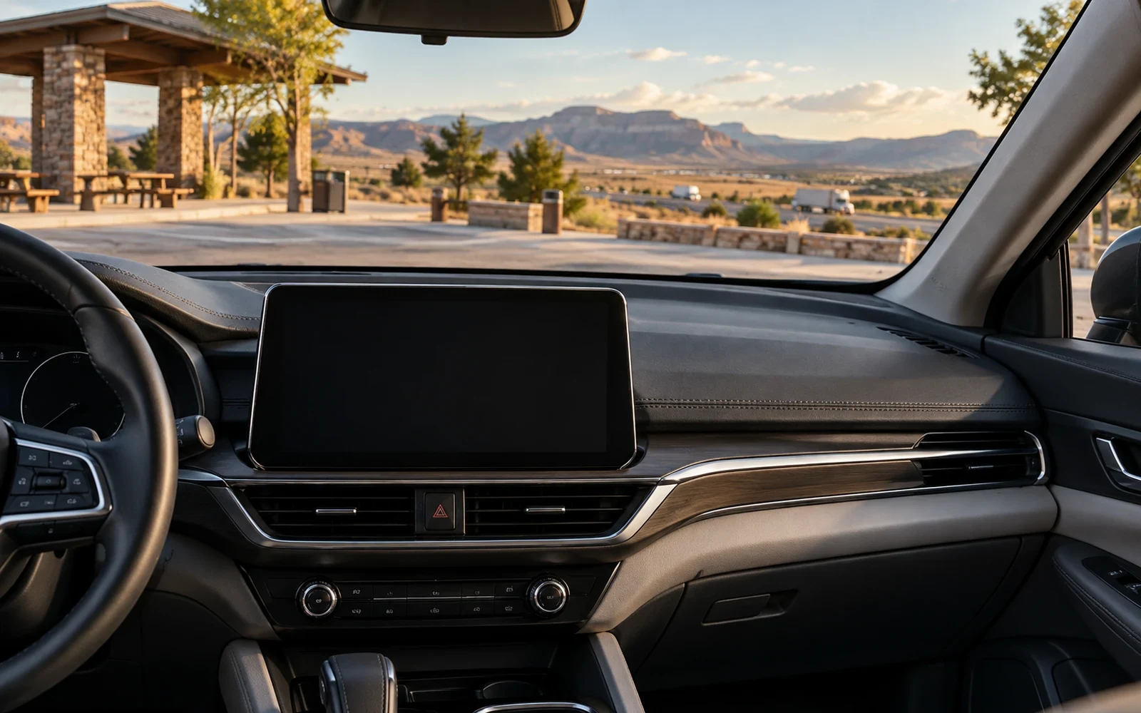 Parked car interior with infotainment display ready for navigation