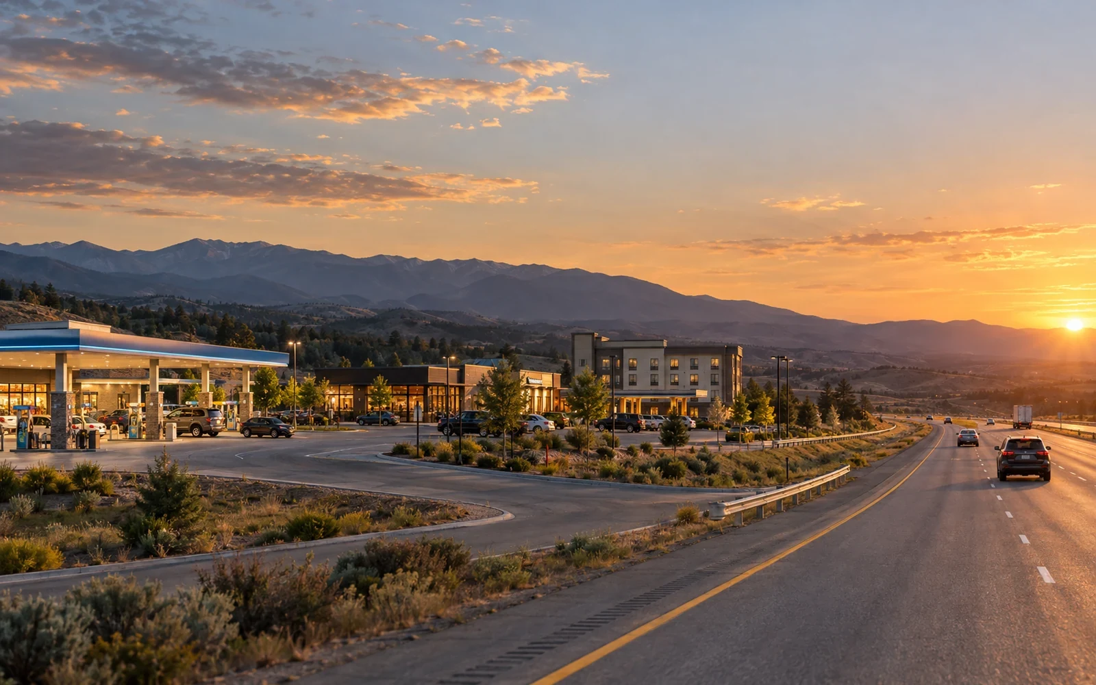 Highway exit with fuel, food and lodging options